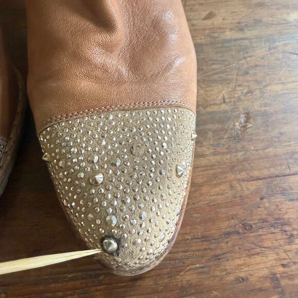 Stuart Weitzman 8 Tan Rhinestone Studded Western Ankle Boots Leather Cowboy FLAW - Picture 6 of 11
